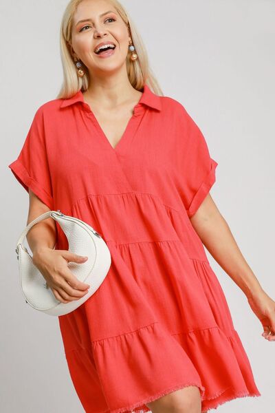Umgee Full Size Raw Hem Folded Sleeve Tiered Dress Plus Size - Reed + Raven