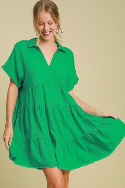 Umgee Full Size Raw Hem Folded Sleeve Tiered Dress Plus Size - Reed + Raven