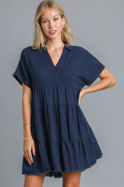 Umgee Full Size Raw Hem Folded Sleeve Tiered Dress Plus Size - Reed + Raven