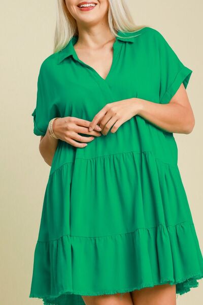 Umgee Full Size Raw Hem Folded Sleeve Tiered Dress Plus Size - Reed + Raven