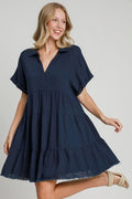 Umgee Full Size Raw Hem Folded Sleeve Tiered Dress Plus Size - Reed + Raven