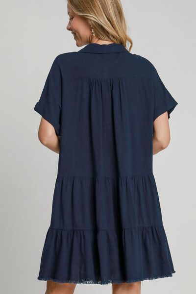 Umgee Full Size Raw Hem Folded Sleeve Tiered Dress Plus Size - Reed + Raven