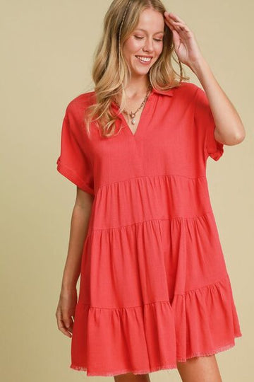 Umgee Full Size Raw Hem Folded Sleeve Tiered Dress Plus Size - Reed + Raven
