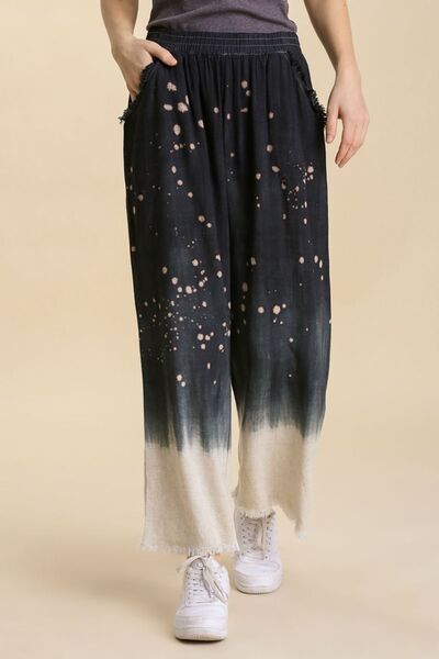Umgee Full Size Raw Hem Linen Blend Bleach Dip Dye Wide Leg Pants Plus Size - Reed + Raven