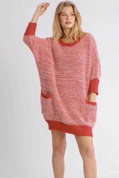 Umgee Full Size Ribbed Hem Round Neck 3/4 Sleeve Sweater Dress with Pockets Plus Size - Reed + Raven