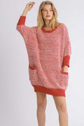 Umgee Full Size Ribbed Hem Round Neck 3/4 Sleeve Sweater Dress with Pockets Plus Size - Reed + Raven