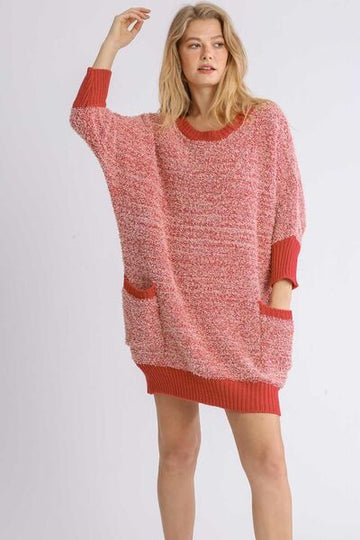 Umgee Full Size Ribbed Hem Round Neck 3/4 Sleeve Sweater Dress with Pockets Plus Size - Reed + Raven