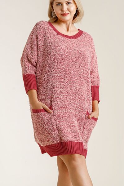 Umgee Full Size Ribbed Hem Round Neck 3/4 Sleeve Sweater Dress with Pockets Plus Size - Reed + Raven
