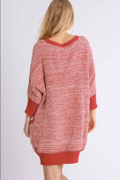 Umgee Full Size Ribbed Hem Round Neck 3/4 Sleeve Sweater Dress with Pockets Plus Size - Reed + Raven