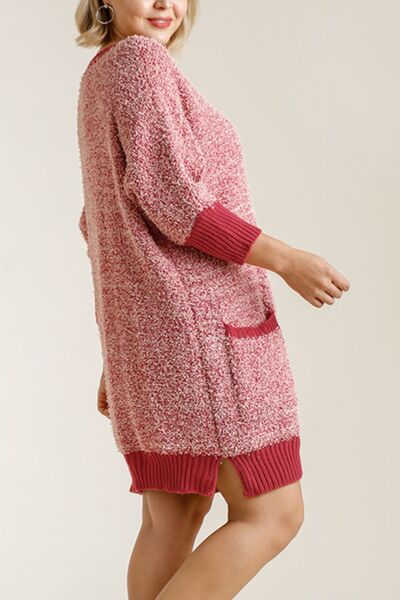 Umgee Full Size Ribbed Hem Round Neck 3/4 Sleeve Sweater Dress with Pockets Plus Size - Reed + Raven