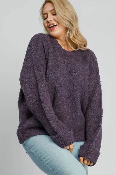 Umgee Full Size Round Neck Long Sleeve Boucle Sweater Plus Size - Reed + Raven