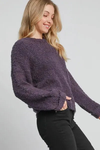 Umgee Full Size Round Neck Long Sleeve Boucle Sweater Plus Size - Reed + Raven
