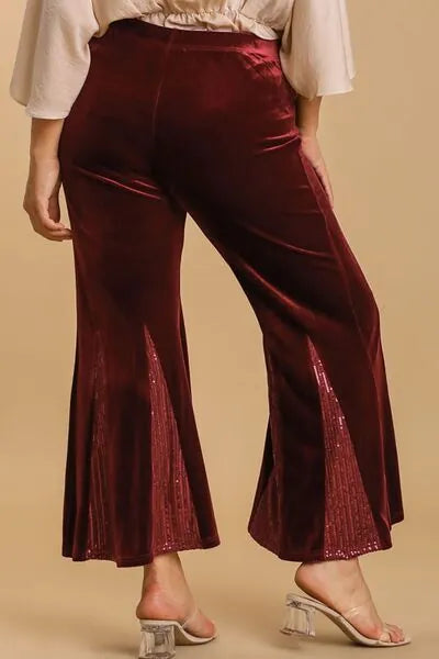 Umgee Full Size Sequin Elastic Waist Velvet Stretch Flare Leg Pants Plus Size - Reed + Raven