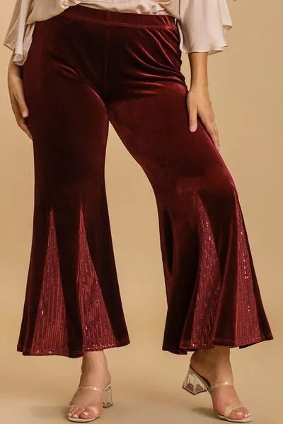 Umgee Full Size Sequin Elastic Waist Velvet Stretch Flare Leg Pants Plus Size - Reed + Raven