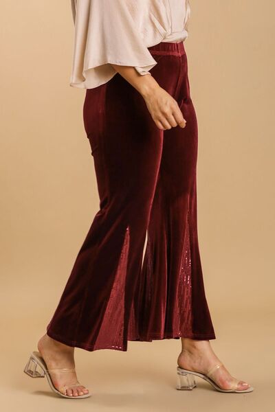 Umgee Full Size Sequin Elastic Waist Velvet Stretch Flare Leg Pants Plus Size - Reed + Raven