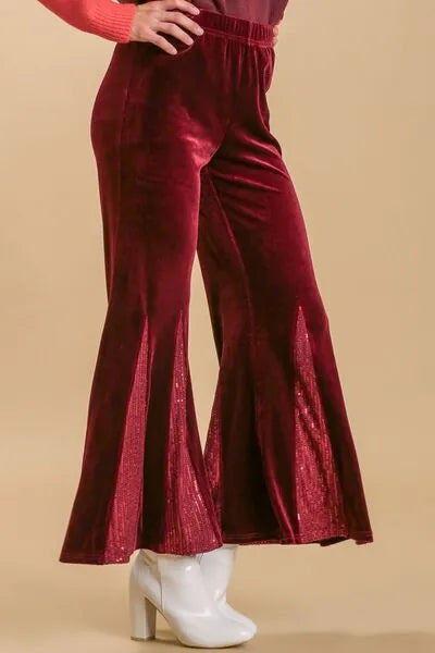 Umgee Full Size Sequin Elastic Waist Velvet Stretch Flare Leg Pants Plus Size - Reed + Raven