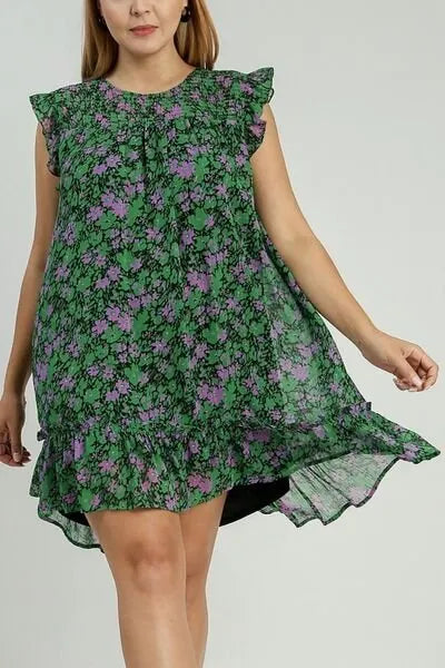 Umgee Full Size Smocked Detail Floral Metallic Ruffle Cap Sleeve Dress Plus Size - Reed + Raven