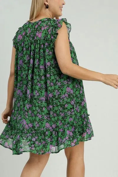 Umgee Full Size Smocked Detail Floral Metallic Ruffle Cap Sleeve Dress Plus Size - Reed + Raven