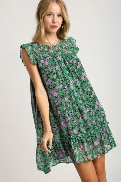 Umgee Full Size Smocked Detail Floral Metallic Ruffle Cap Sleeve Dress Plus Size - Reed + Raven