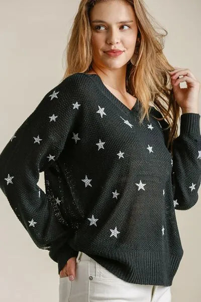Umgee Full Size Star V - Neck Long Sleeve Sweater Plus Size - Reed + Raven