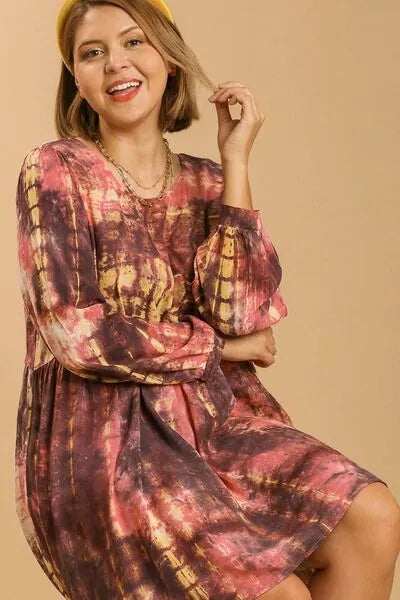 Umgee Full Size Tie Dye Long Sleeve Babydoll Dress with Keyhole Plus Size - Reed + Raven