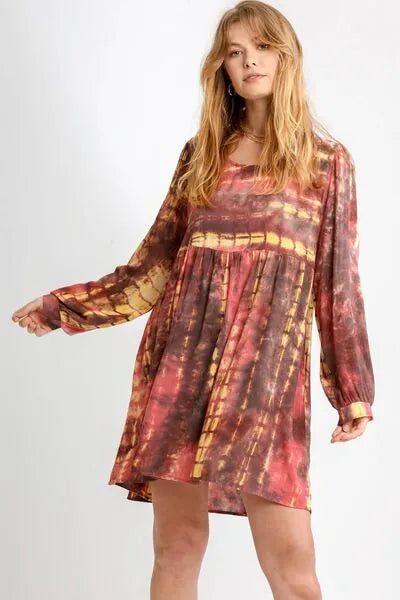 Umgee Full Size Tie Dye Long Sleeve Babydoll Dress with Keyhole Plus Size - Reed + Raven