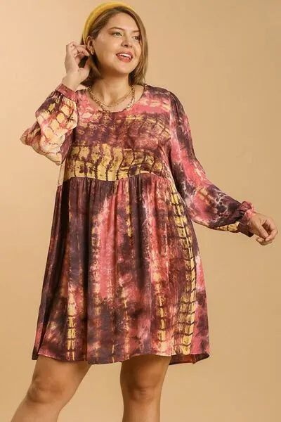 Umgee Full Size Tie Dye Long Sleeve Babydoll Dress with Keyhole Plus Size - Reed + Raven