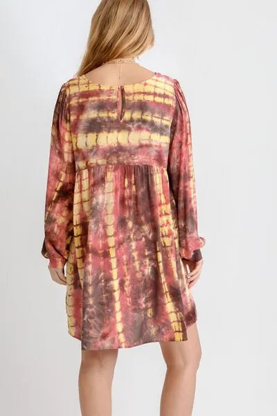 Umgee Full Size Tie Dye Long Sleeve Babydoll Dress with Keyhole Plus Size - Reed + Raven