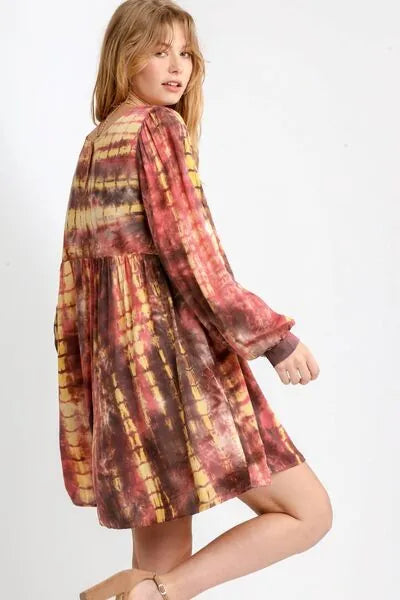 Umgee Full Size Tie Dye Long Sleeve Babydoll Dress with Keyhole Plus Size - Reed + Raven