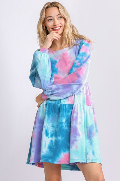 Umgee Full Size Tie Dye Round Neck Long Sleeve Babydoll Tiered Dress Plus Size - Reed + Raven