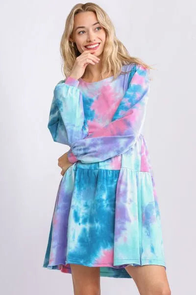Umgee Full Size Tie Dye Round Neck Long Sleeve Babydoll Tiered Dress Plus Size - Reed + Raven