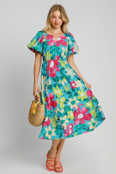 Umgee Full Size Tiered Floral Print Notched Puff Sleeve Midi Dress Plus Size - Reed + Raven