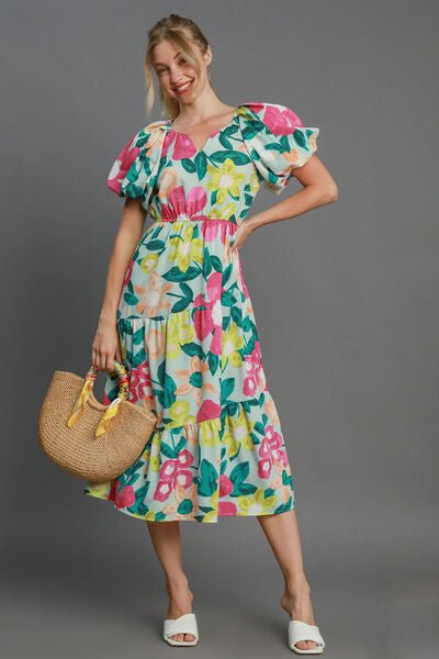 Umgee Full Size Tiered Floral Print Notched Puff Sleeve Midi Dress Plus Size - Reed + Raven