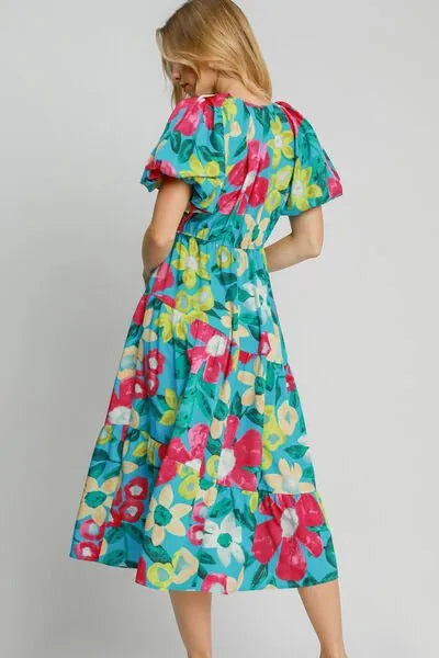 Umgee Full Size Tiered Floral Print Notched Puff Sleeve Midi Dress Plus Size - Reed + Raven