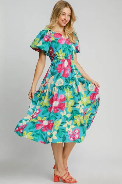 Umgee Full Size Tiered Floral Print Notched Puff Sleeve Midi Dress Plus Size - Reed + Raven