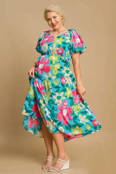 Umgee Full Size Tiered Floral Print Notched Puff Sleeve Midi Dress Plus Size - Reed + Raven