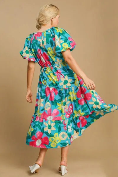 Umgee Full Size Tiered Floral Print Notched Puff Sleeve Midi Dress Plus Size - Reed + Raven
