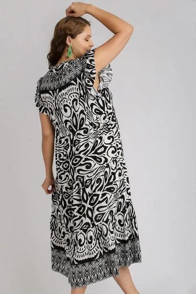 Umgee Full Size Two Tone Border Print Ruffle Cap Sleeve Midi Dress Plus Size - Reed + Raven