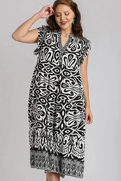 Umgee Full Size Two Tone Border Print Ruffle Cap Sleeve Midi Dress Plus Size - Reed + Raven
