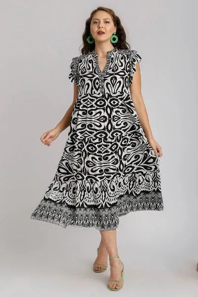 Umgee Full Size Two Tone Border Print Ruffle Cap Sleeve Midi Dress Plus Size - Reed + Raven