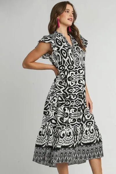 Umgee Full Size Two Tone Border Print Ruffle Cap Sleeve Midi Dress Plus Size - Reed + Raven