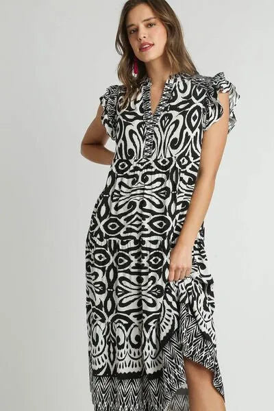 Umgee Full Size Two Tone Border Print Ruffle Cap Sleeve Midi Dress Plus Size - Reed + Raven
