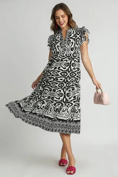 Umgee Full Size Two Tone Border Print Ruffle Cap Sleeve Midi Dress Plus Size - Reed + Raven