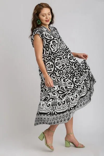 Umgee Full Size Two Tone Border Print Ruffle Cap Sleeve Midi Dress Plus Size - Reed + Raven