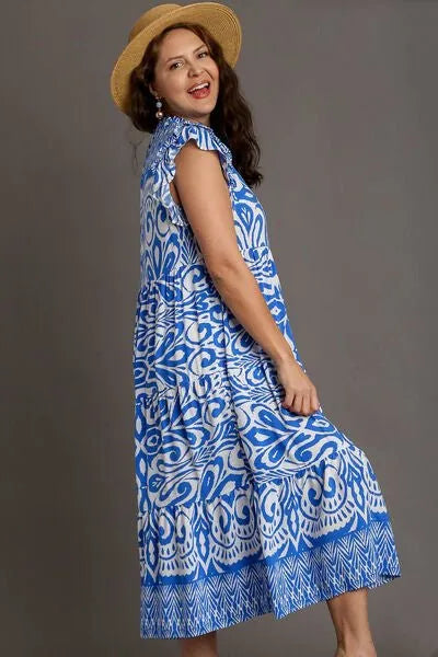 Umgee Full Size Two Tone Border Print Ruffle Cap Sleeve Midi Dress Plus Size - Reed + Raven