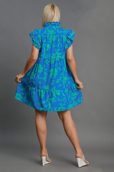 Umgee Full Size Two Tone Floral Print Ruffle Cap Sleeve Mini Dress Plus Size - Reed + Raven