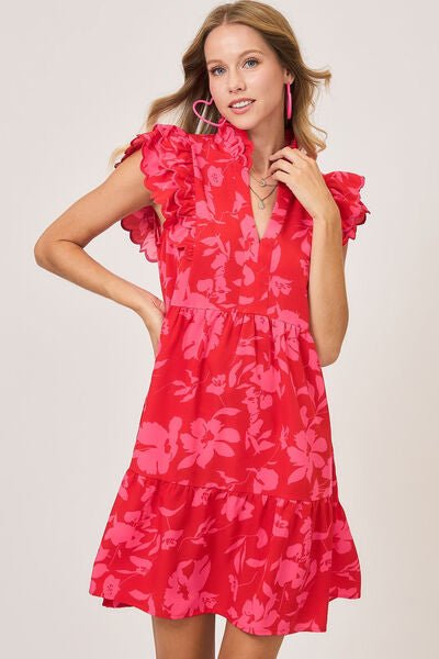 Umgee Full Size Two Tone Floral Print Ruffle Cap Sleeve Mini Dress Plus Size - Reed + Raven