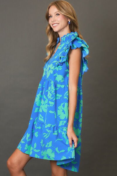 Umgee Full Size Two Tone Floral Print Ruffle Cap Sleeve Mini Dress Plus Size - Reed + Raven