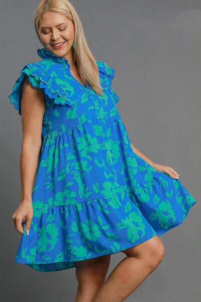 Umgee Full Size Two Tone Floral Print Ruffle Cap Sleeve Mini Dress Plus Size - Reed + Raven