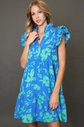 Umgee Full Size Two Tone Floral Print Ruffle Cap Sleeve Mini Dress Plus Size - Reed + Raven